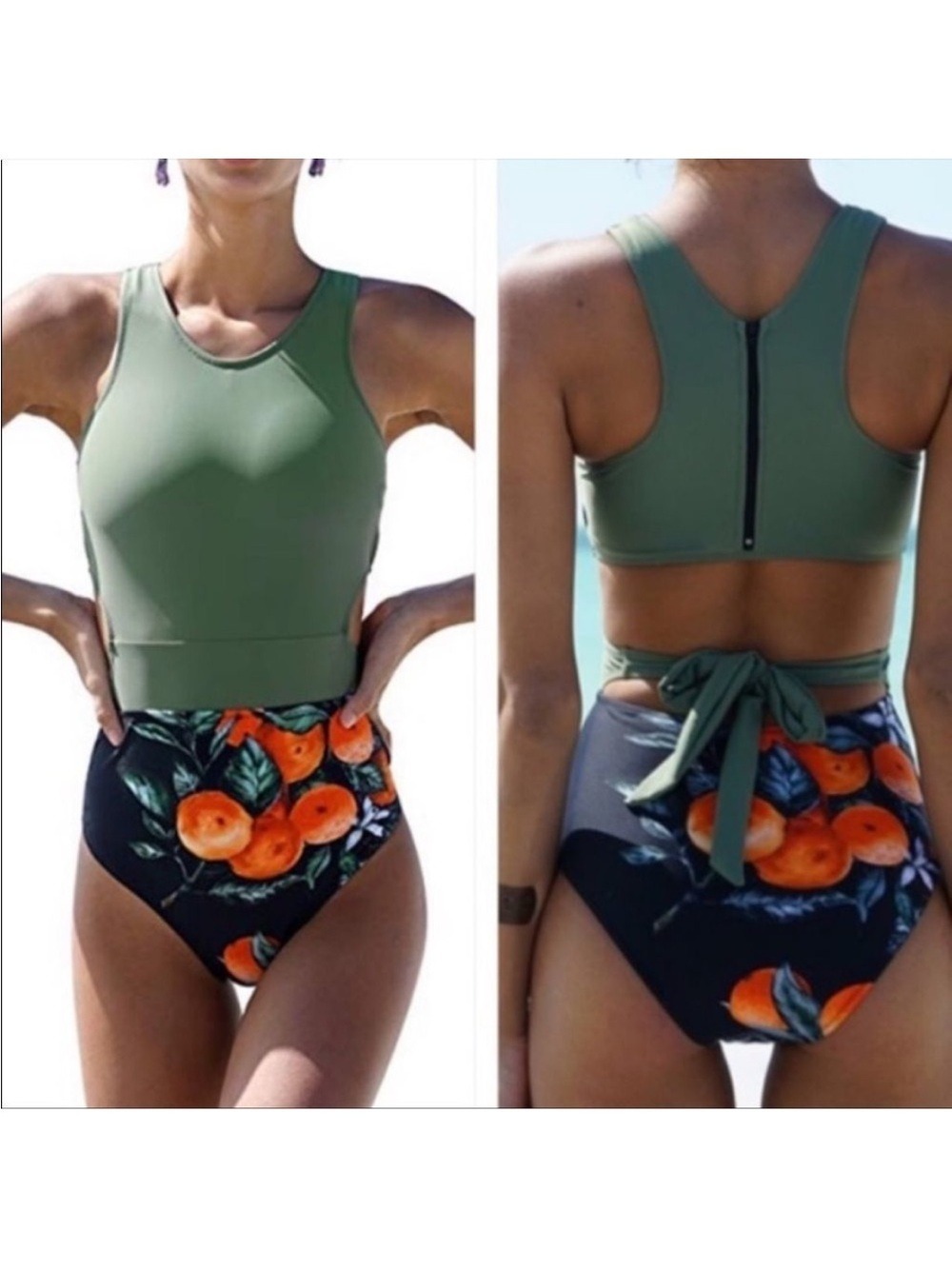 NWT Cupshe Miss U Print Olive Green and Peach Print One Piece Swimsuit Size S